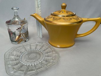 Golden Butterfly China Teapot, Geleedose Handpainted Glass Jam Jar Honey Pot, Sm Glass Dish