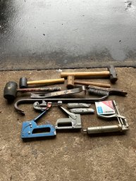 Lot Of Assorted Tools Mallets,staple Guns, Pipe Cutter Crow Bar ,pry Bar Grease Gun Wire Brush