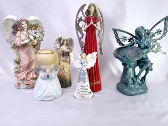 Lot Of 6 Angels Figurines  All Resin. China Bank. Faux Metal Birdseed Holder. 70th Birthday For Garden