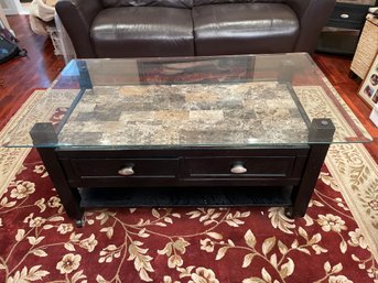Bevelled Glass Black Wood Coffee Table With Faux Granite Top