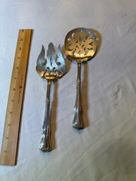 ANTIQUE STERLING SILVER HANDLED SALAD FORK AND SPOON PIERCED SERVING SET