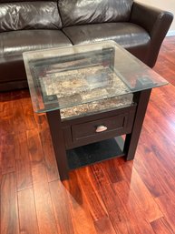 Bevelled Glass Top BLACK End Table Faux-granite, 1 Drawer