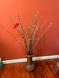 Wicker Vase With Pussy Willow Branches And Cardinal