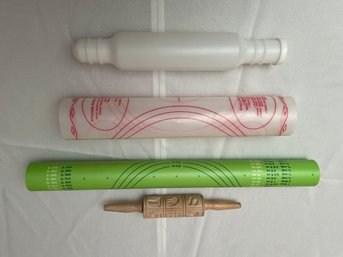 4 Piece Bakers Lot: 2 Pastry Mats, 1 Fillable Rolling Pin And 1 Embossed Springerle Vintage Wooden Rolling Pin