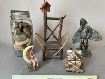 5 Garden-Theme Decorations, Resin Butterfly Girl, River Stones, Wood Willow Chair, Cottage, Resin Garden Fairy