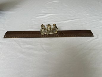 Vintage Brass Wise Monkeys See Speak Hear No Evil 12 Inch Ruler Paperweight