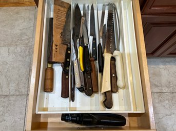 Drawer Lot Of Kitchen Knives Knifes With Sharpener