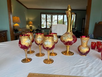 Murano Bohemian Red Signed Decanter With 5 Wine Glasses & Vase Sergio Zane Lav A. Mano Cranberry Flowers Gold