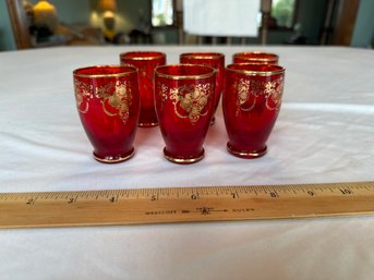 Vintage Set Of 6 Bohemian Ruby Red Shot Small Glasses Gold Gilt