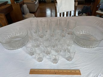 Vintage Arcoroc France Lot 2 Large Bowls 11 Juice Glasses And 11 Water Glasses