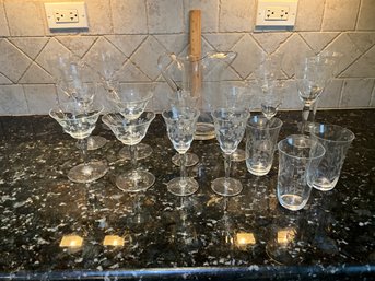 Large Lot Of Assorted Vintage Etched Glass And Crystal Glasses And Pitcher