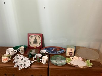 Large Lot Of Christmas Trays Mugs Salt, And Pepper, Shakers And More See Photos