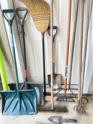 Lot Of Tools: Snow Shovels, Rakes, Thatchers, Spade, Brooms, Hand Tools