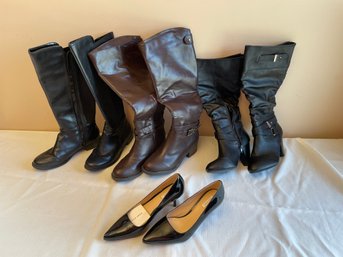 3 Pairs Women's Leather Like Thigh High Boots And 1 Pair Black Dress Shoes All Size 7 1/2