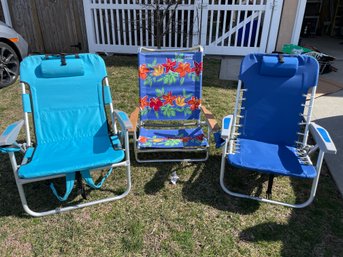 3 Rio Beach Chairs: 2 Backpack Chairs W Cooler Packs, 2 Simple Folding Chair. Clean In Working Condition