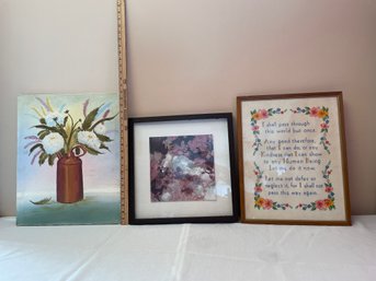 3 Wall Images: Painting, Framed Abstract, Framed Proverb 18' H Appx