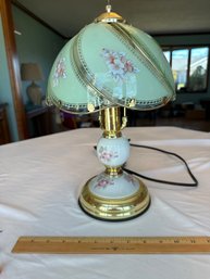 Vintage Brass Color Touch Lamp Printed Pink Floral Glass Table Lamp 15 Inch Works Great