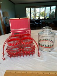 Xmas Red Wire Glass Caddy With Handles And Four Decorated Double Old-fashioned Glasses Plus Candy Jar