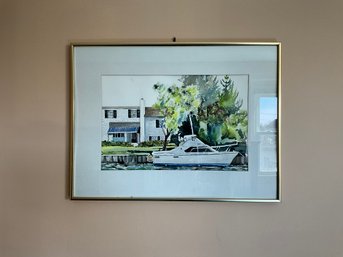 Custom Framed And Matted House With Boat Docked Painting