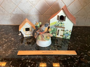 Ceramic Birdhouse Wood Birdhouse, And Mann Milano Porcelain  Music Box With Bird