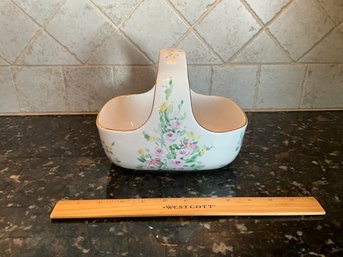 Pretty Teleflora White Ceramic Basket With Handle Pastel Floral Pattern Gold Trim