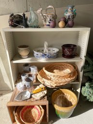 Lot Of Gardener Goods: Willow Baskets, Clay Flower Pots, Self-watering Pots (nIB) Candles Painted Watering Can