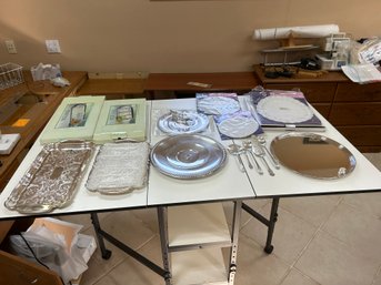 Lot Of Plated Silverware And Trays With Doilies