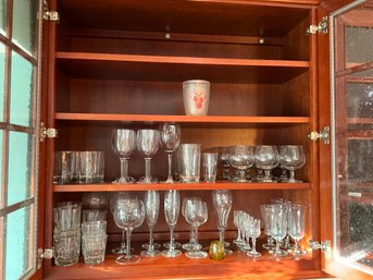 Cabinet Lot Of Assorted Glasses White Wine, Red Wine, Iced Tea Cordial Champagne, Juice, Old Fashion