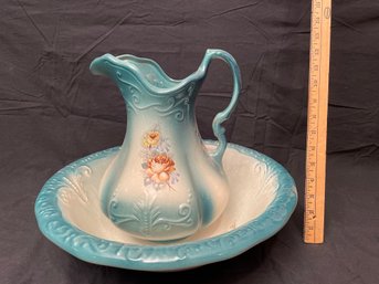 Large Ceramic Hand Painted Pitcher And Bowl  15.5' W