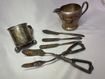 Lot Of 6 Silver Items: Creamer Is Silver On Copper, Baby Cup Is Missing 2 Feet, Lady Anne Knives