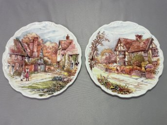 2 Plate Set: English Village And English Cottage By Royal Osborne, Made In England,  8 Inch Collector Plates