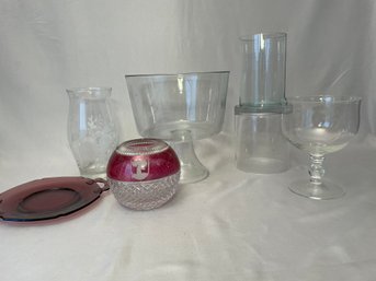 Lot Of Glass: Trifle Dish, Etched Pasabahce Vase, Crystal Candle Bowl Defects On Color, Purple Amethyst Plate