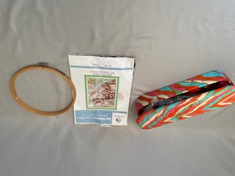 Sewing Kit And Embroidery Hoop And Cat Cross Stitch Pattern
