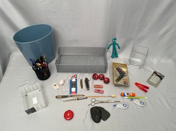 Office Supplies #6  Mesh Container Trash Pail Stamps Glue Gun & Sticks White Out Scissors Gumby