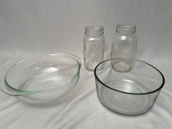 2 Glass Bowls, 2 Mason Jars