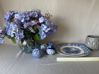 Springtime Blues Lot: 11 Inch Wedgewood Plate, 4  Decorative China Balls, Lg Silk Arrangement Hydrangeas, Vase