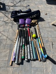 Lot Of Sporting Equiptment Bats, Glove, Kick Boxing Gloves,field Hockey Sticks Hockey Stick And Carry Bag