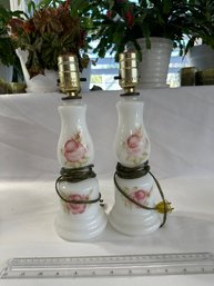 VINTAGE Set Of 2 12 Inch Charming Romantic MILK GLASS BOUDOIR LAMPS Hand Painted Pink Roses Marked J 2091