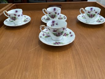 4 Vintage Lefton China Hand Painted Violet Mini Tea Cup & Saucer Set