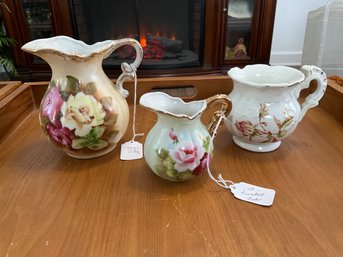 3  Vintage Floral Small Pitchers Old Moss Rose Small Pitcher Green With Pink Roses Decorative Pitcher