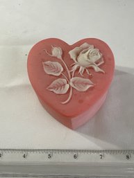 Vintage Incolay Heart Shaped Ring Box Pink With White Roses