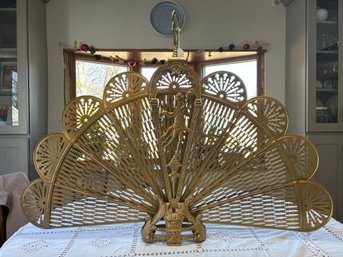 Vintage Peacock Woman Folding Brass Fireplace Screen Very Cool Piece In Great Condition
