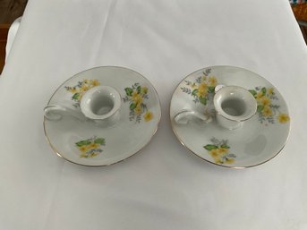 Pair Of Vintage PWF Japan Porcelain Taper Candleholders White With Pretty Yellow Flowers Gold Trim