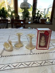 Two Lenox Candle Sticks, Lenox Swan And 2018 Lenox Christmas Ornament In Great Condition