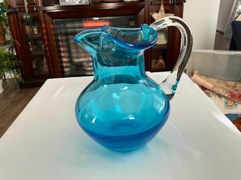 Vintage Hand Blown Ball Glass Pitcher In Turquoise 7 Inch H