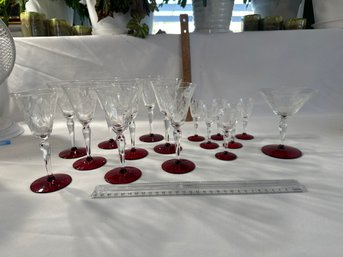 Vintage Lot Of 16 Ruby Red Glass Base Glass Set With Gorgeous Floral Etch Pattern On Crystal Clear Glass