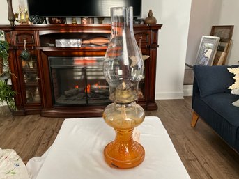 Large 16 Inch H Vintage Amber Oil Lamp, Depression Glass, Hurricane Lamp