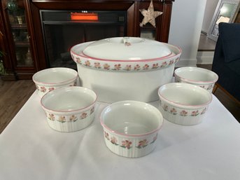 Vintage TRADITION FRANCE FLORAL Casserole Dutch Oven 4 X 9' Inch And 5 3.25 Inch Ramekins