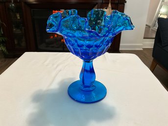 Vintage Fenton Colonial Blue Thumbprint Ruffled Edge Compote, Candy Dish, 6 Inch Tall