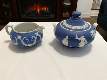 Antique Jasperware  Covered Suger Bowl And Creamer